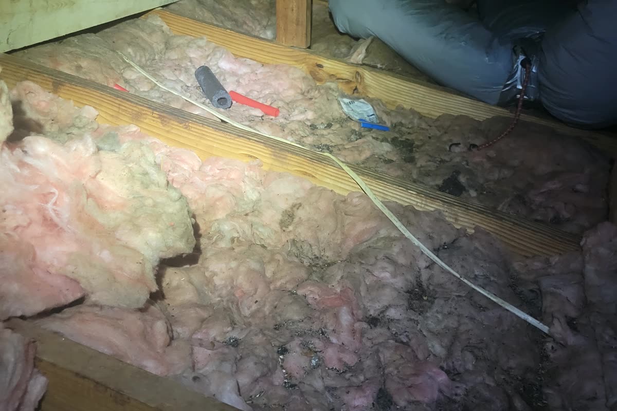 Old dirty attic insulation with uneven coverage